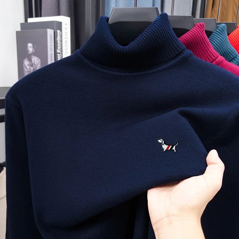 Men's High Neck Knit Pullover – Dog Print Casual Sweater