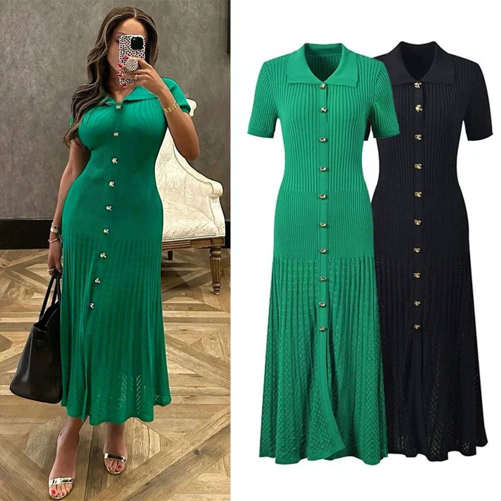 Women's Vintage Turn-Down Collar Knit Maxi Dress