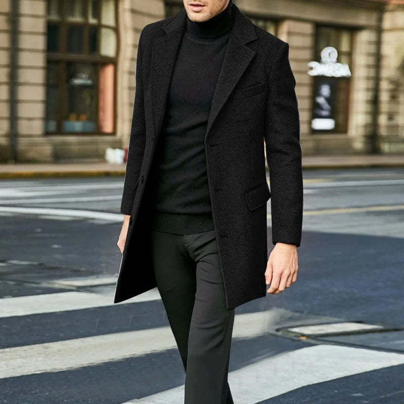 Men's Casual Wool Coat – British Style Long Sleeve Jacket