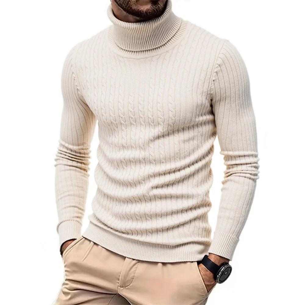 Men's Turtleneck Sweater – Slim Fit Jacquard Striped Pullover
