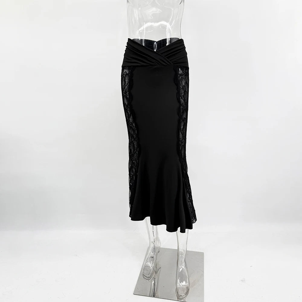 Sexy Lace Dress Set – V-Neck See-Through Pleated Slim Skirt