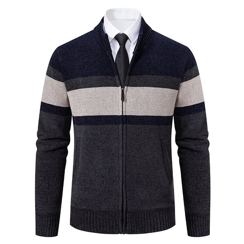 Men's Fleece-Lined Striped Cardigan Sweater – Casual Zipper Coat