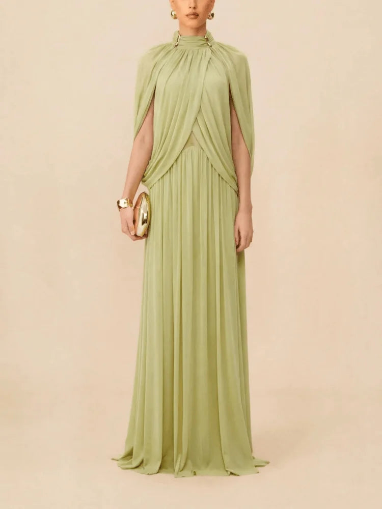 Elegant Chiffon Pleated Maxi Dress – Flutter Sleeve Turtleneck