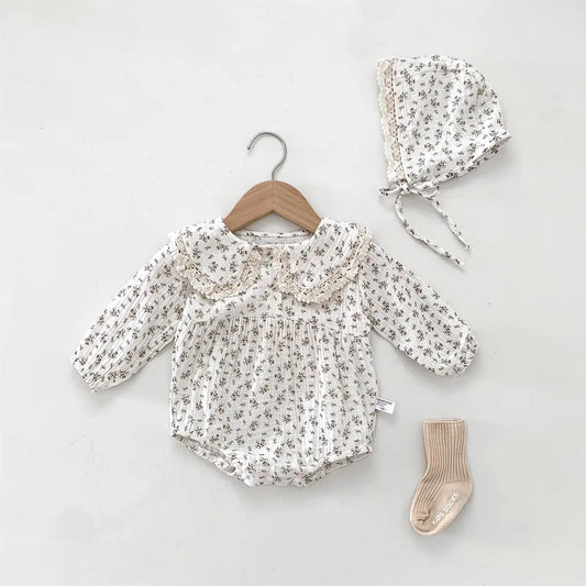 Newborn Girl Floral Lace Collar Romper & Hat Set