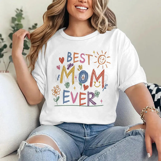 "Best Mom Ever" Cartoon Flower Letter Print T-Shirt for Women