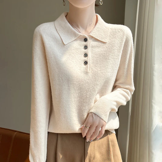 Women's 100% Merino Wool Polo Collar Button Pullover Sweater