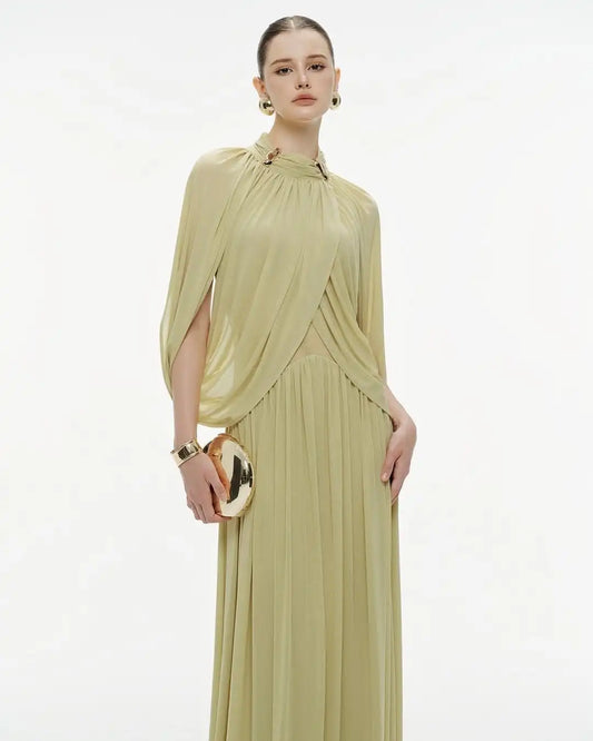 Elegant Chiffon Pleated Maxi Dress – Flutter Sleeve Turtleneck