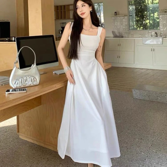 Women's Elegant White Square Neck Long Dress