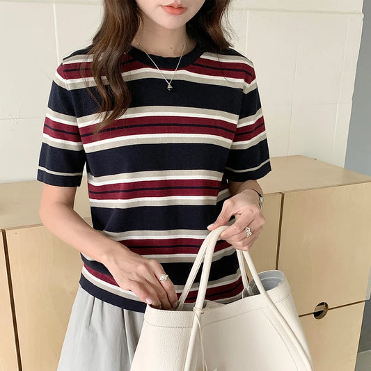 Women's Summer 100% Cotton Striped Knit T-Shirt