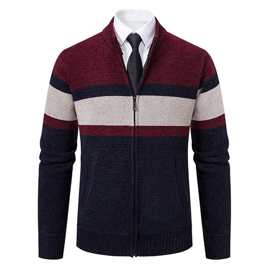 Men's Fleece-Lined Striped Cardigan Sweater – Casual Zipper Coat