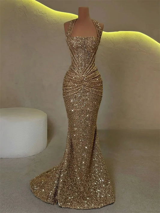 Women's Gold Sequin V-Neck Mermaid Dress – Elegant Party Gown