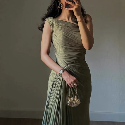 Women's Corseted Pleated Evening Dress – Sparkling Floor-Length