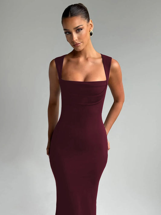 Women's Elegant Solid Square Collar Bodycon Maxi Dress